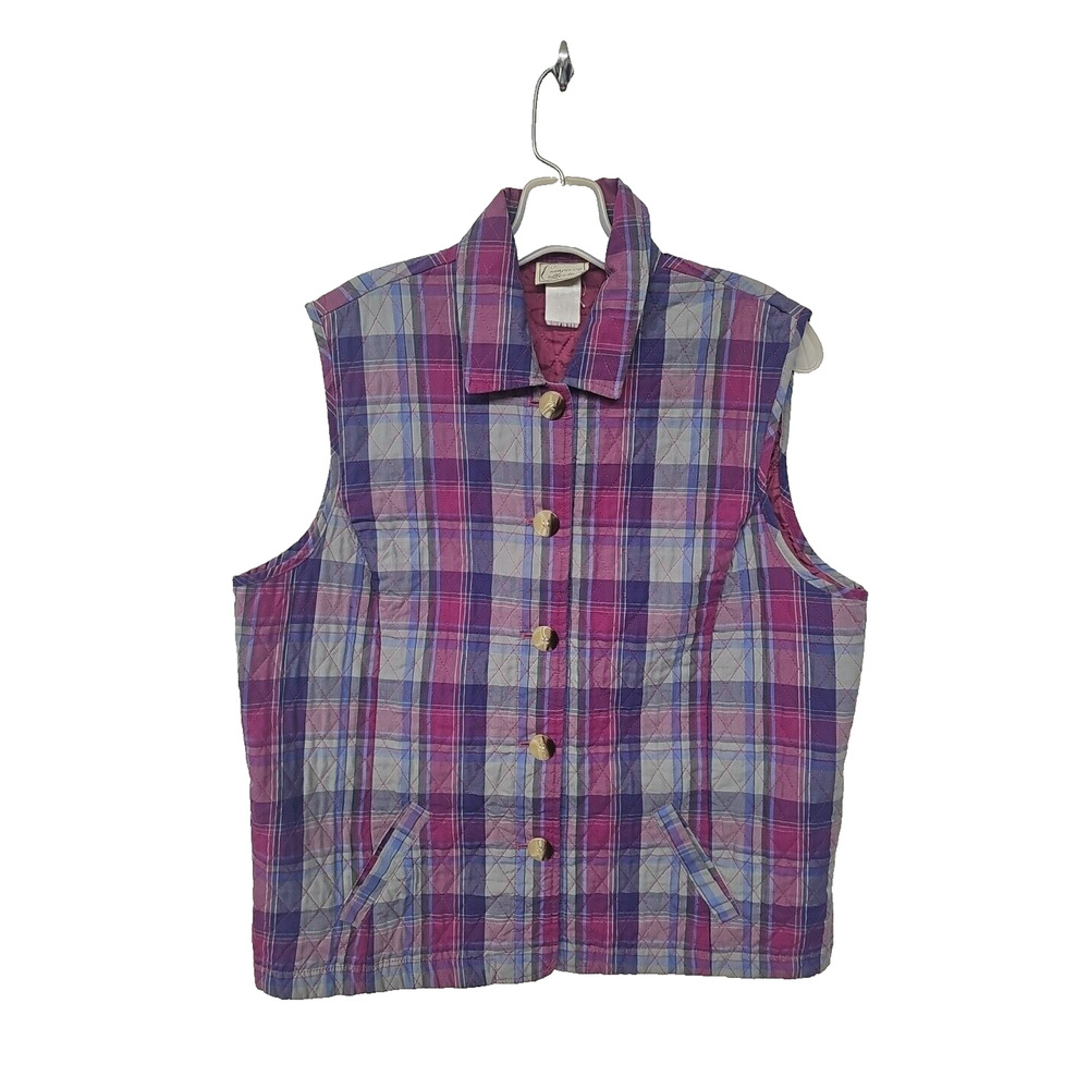 Vintage Quilted Vest Medium Purple Womens Plaid Button Front Sleeveless Preppy